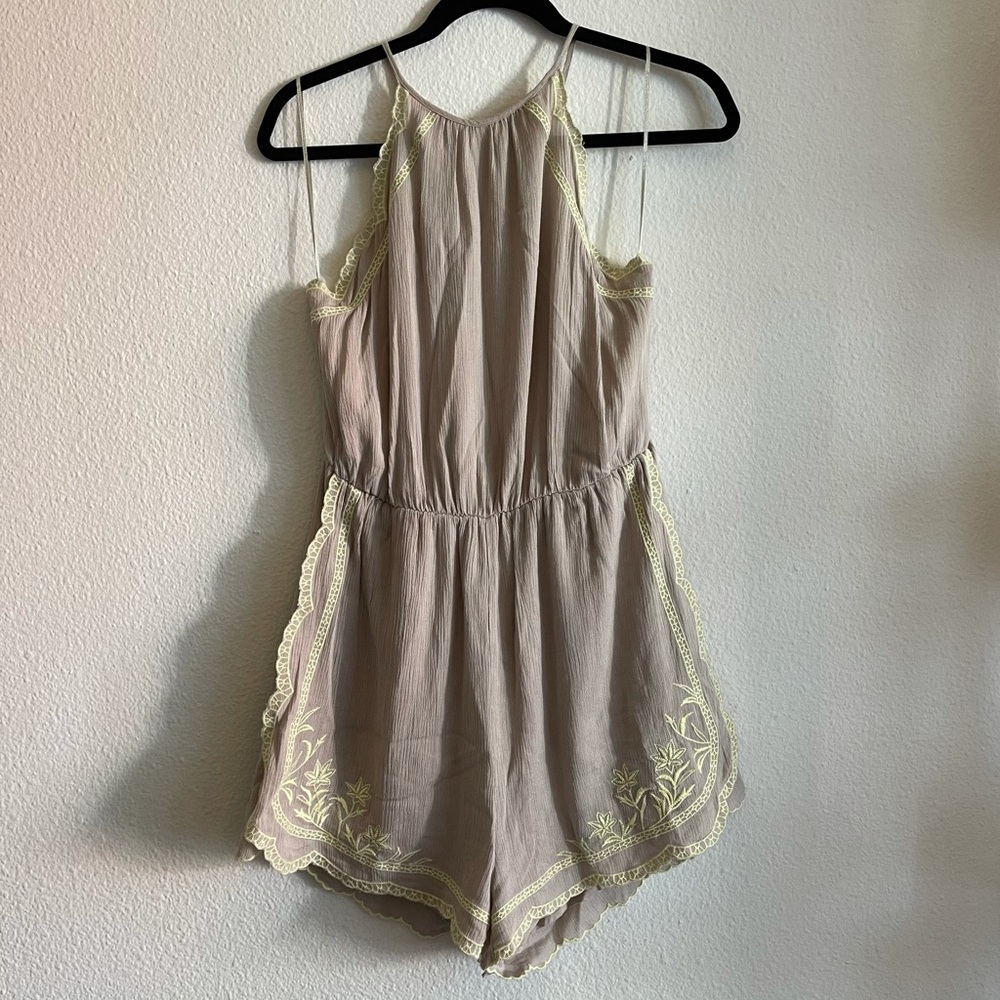Lush Beige Romper with Yellow Embroidery